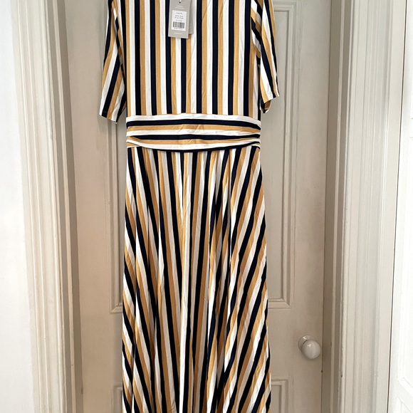 Boden Ruched Waist Jersey Midi Dress (J0625) - Navy White Yellow Stripe - 18 L - Picture 3 of 4